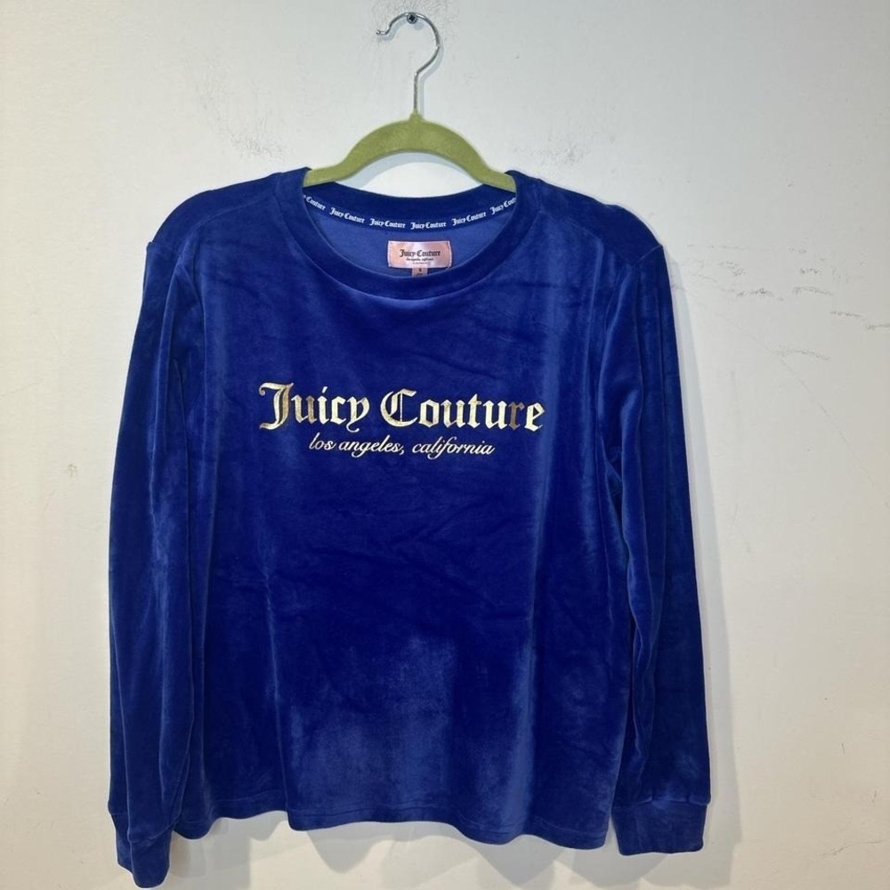 Juicy‎ Couture royal blue velour gold writing long sleeve top SMALL